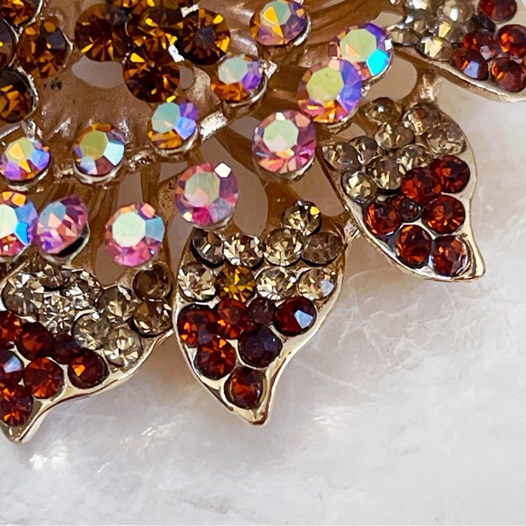 Brown & Pink Iridescent Rhinestone Large Floral Brooch 2 3/4” Statement - Picture 10 of 11